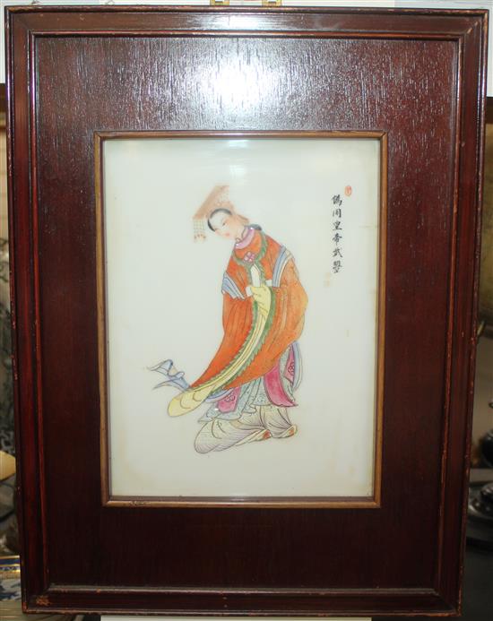 A Chinese famille rose rectangular plaque, 20th century, 29.5 x 21.5cm, wood frame